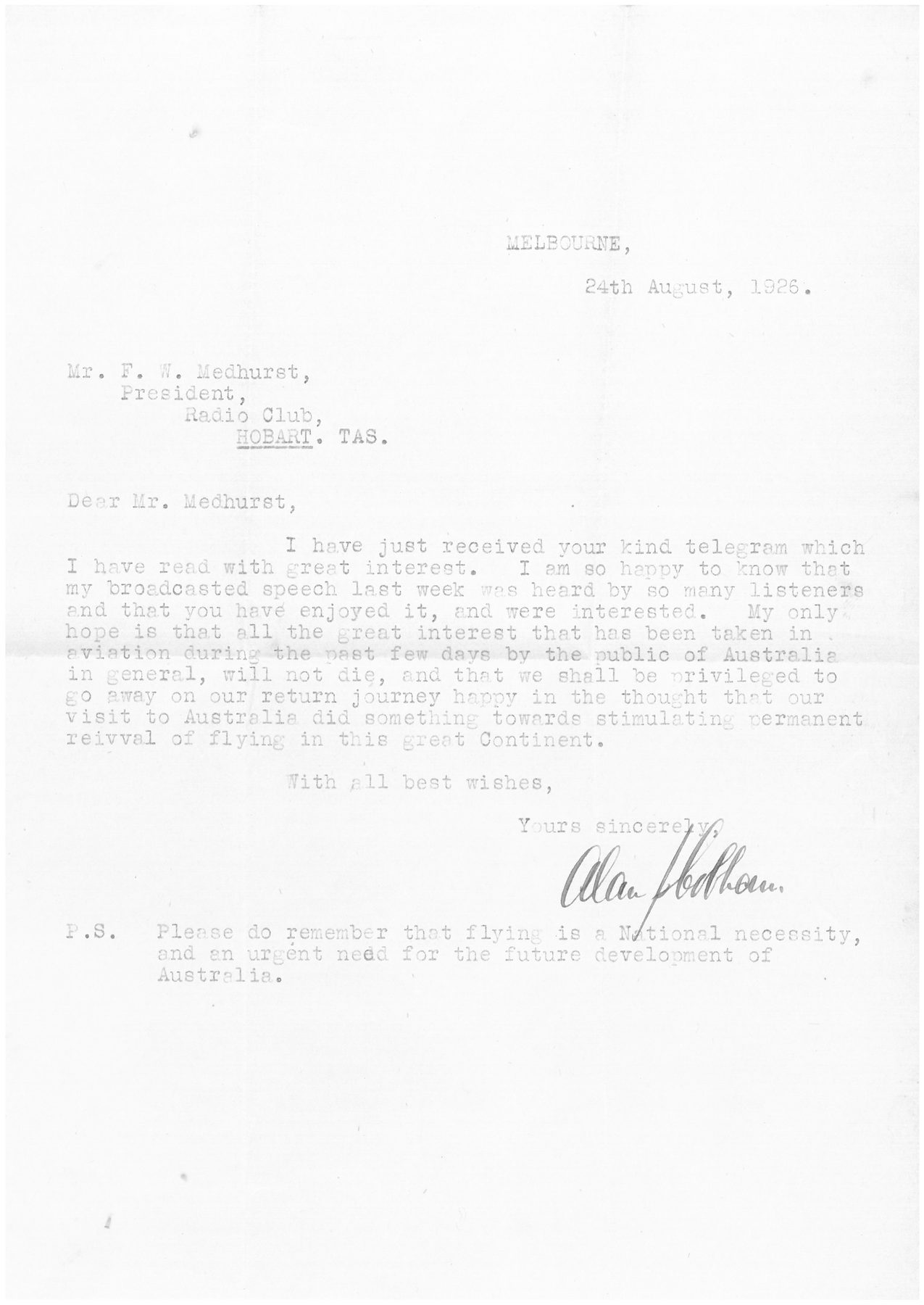 1926 Alan Cobham Aviation letter to FW Medhurst