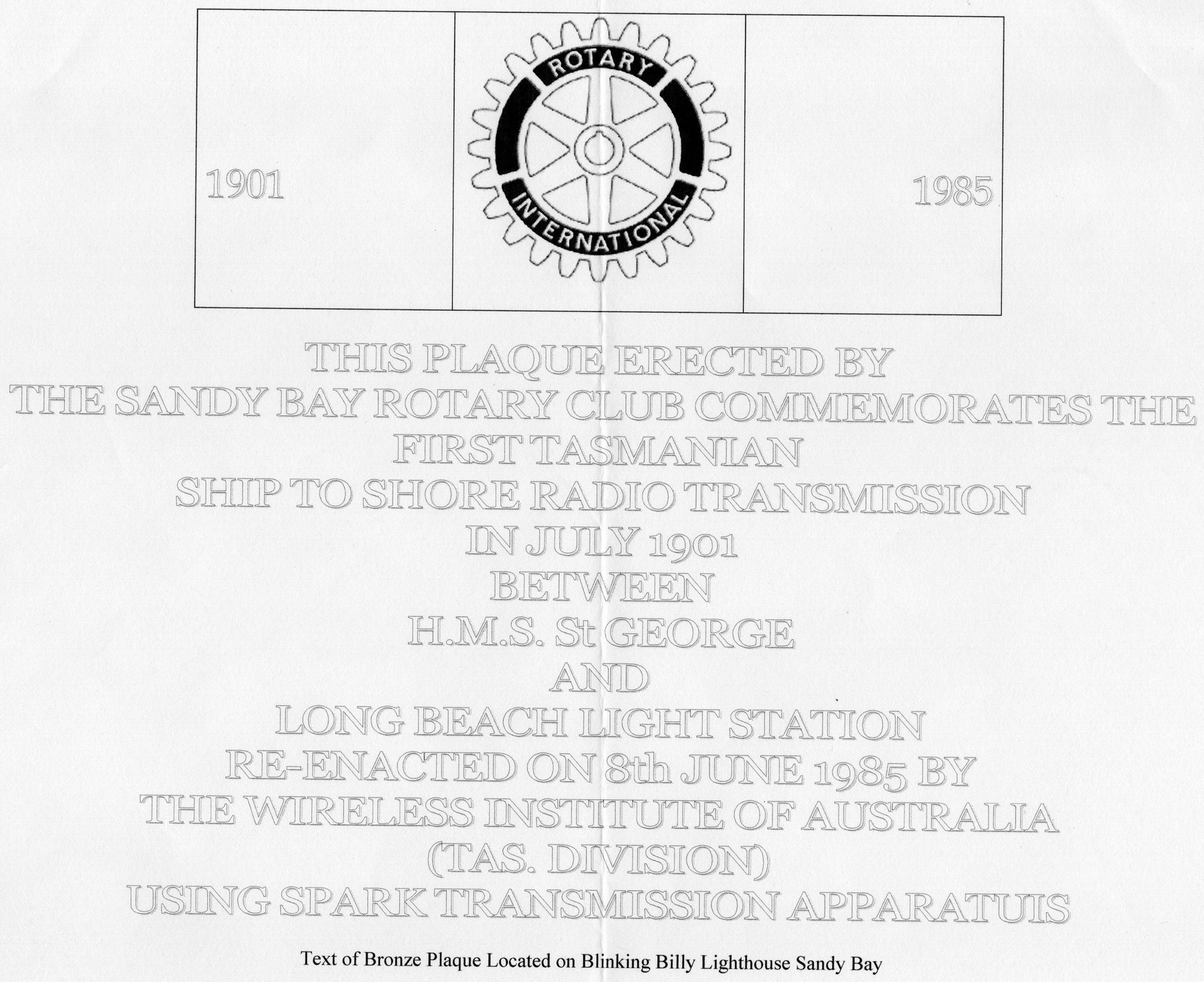 1985 re enactment plaque Blinking Billy