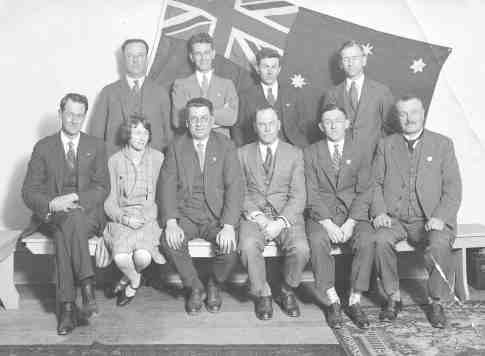 FWM (7AH front right) WIA Federal Convention, Hobart 1928. 3SW, 5BY, 7DX, 3KB. Front 7BQ, stenog, 7CS, 3BM, 3YX, 7AH (FWM) REAST photo