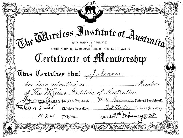 John Jenner WIA Certificate 1935