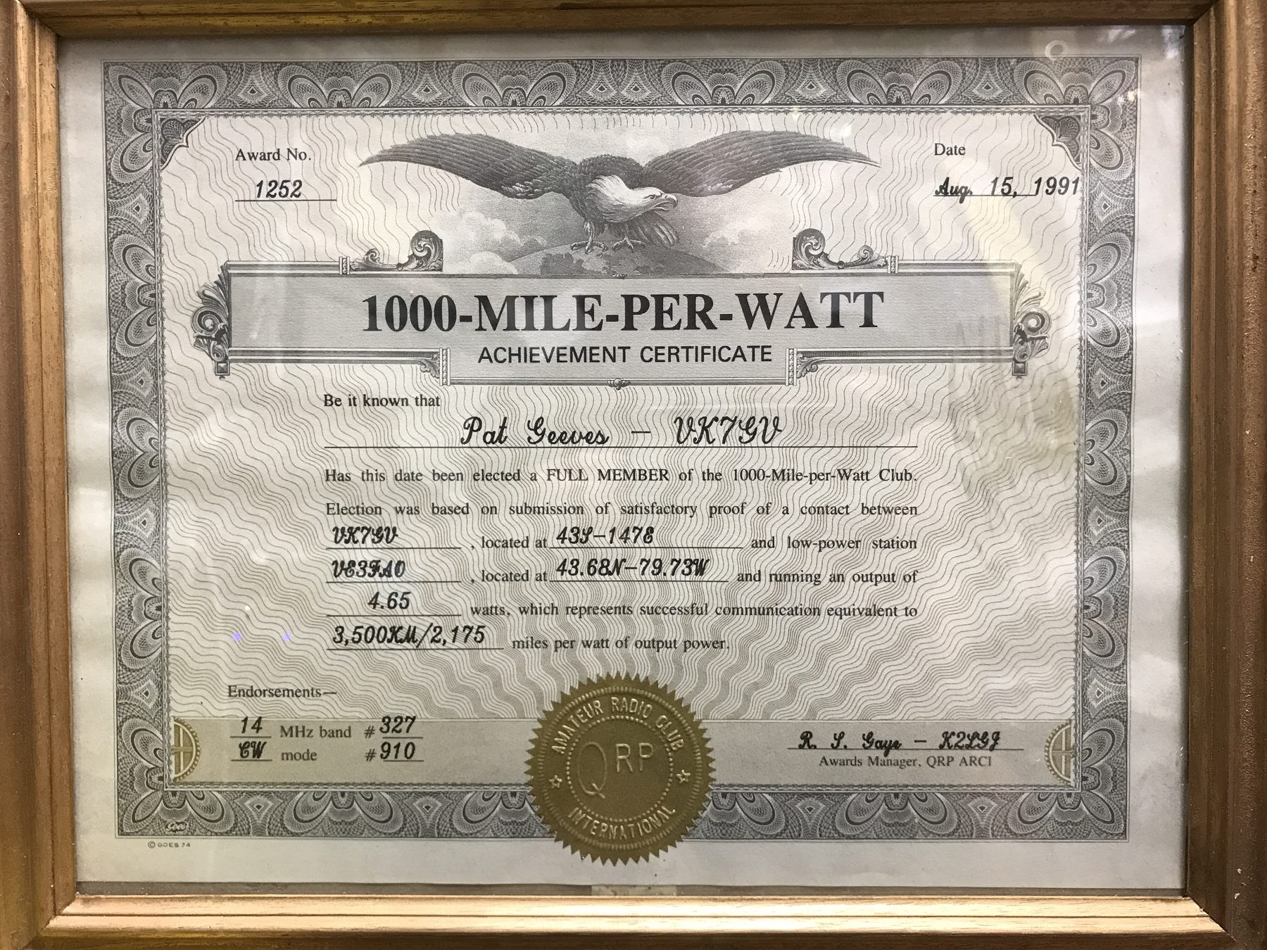 VK7GV 1000 Mile Per Watt Certificate ARCI 1991
