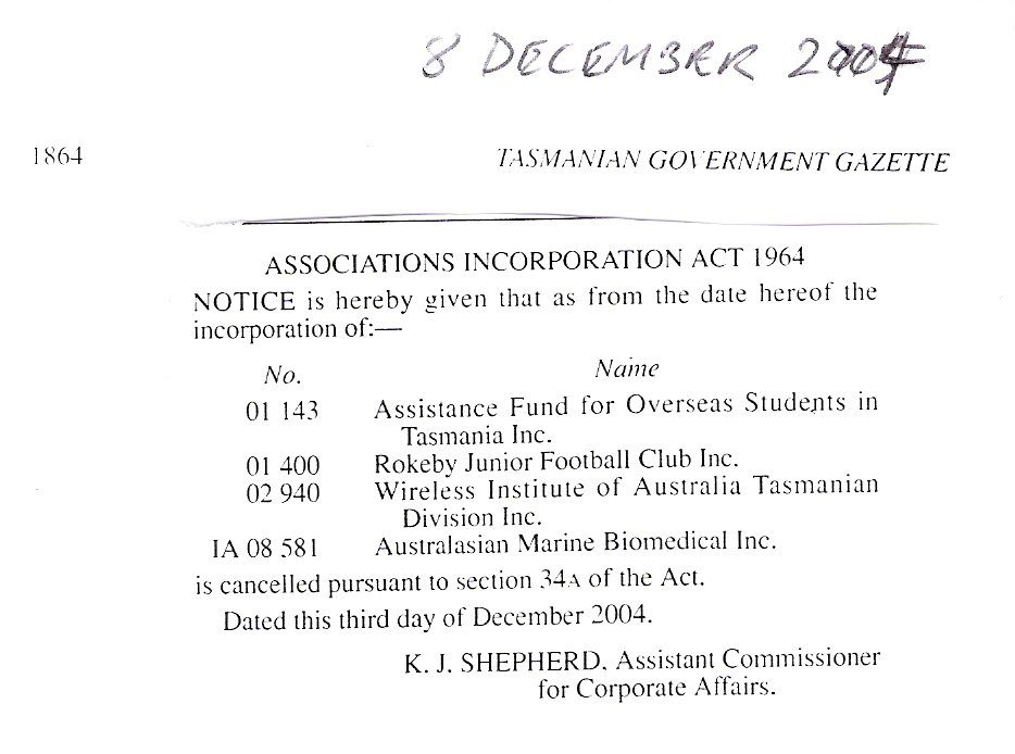 WIA Tas Div deregistration